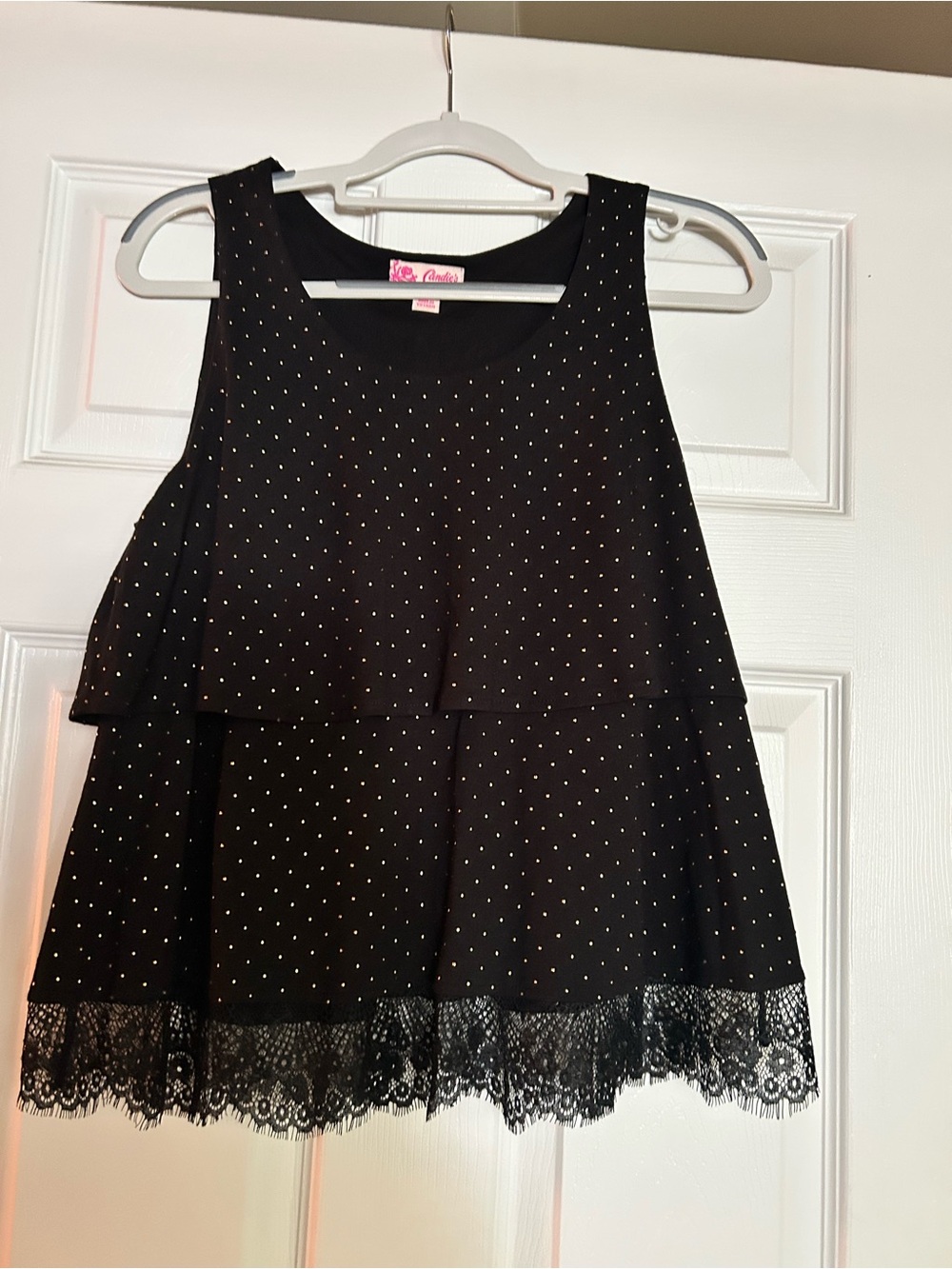 Candie's Black Tank Top with Metallic Dots and Lace Hem